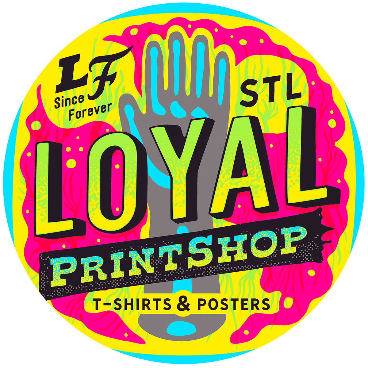 The Loyal Print Shop logo with bright colors and a hand